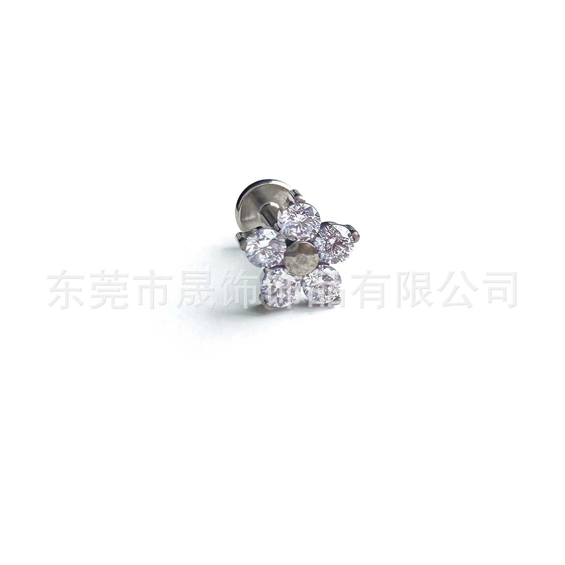 F136钛合金仙女风花朵白粉蓝锆耳钉内螺纹五瓣花锆耳骨钉唇钉耳饰