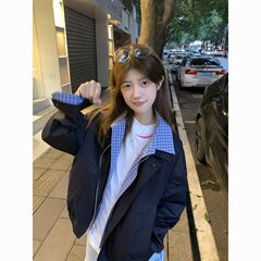 撞色拼接假两件外套女春秋2025新款美式复古宽松情侣翻领开衫夹克
