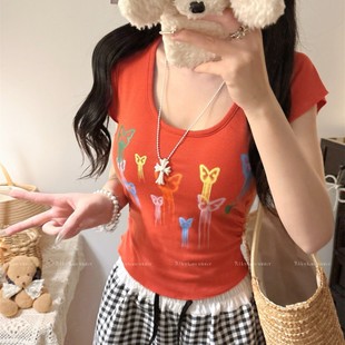 5102# Summer Dopamine Color Butterfly Printed T-shirt Women's Korean-style Shoulder Crewneck Ruffled Slim-fit Short-sleeved Top