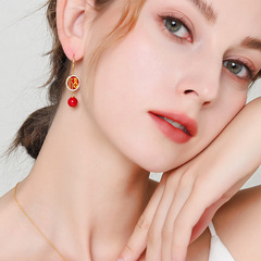 National Trend Silver Earrings with Red Oil, Diamond-Embedded Double Happiness Charms, Festive Pearl Drop Earrings - Simple and Grand New Year Earrings for Women