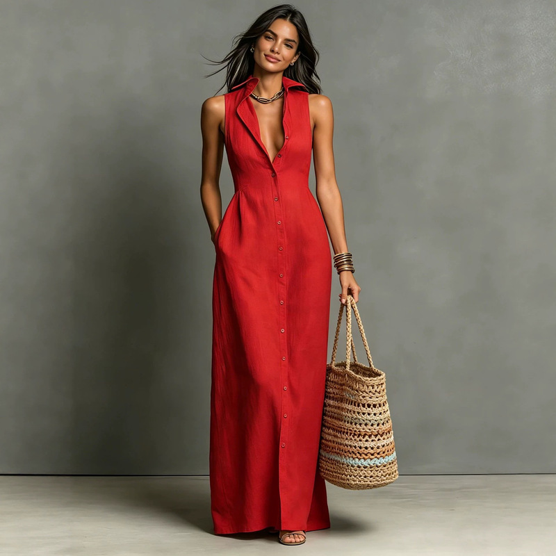 Cross-Border 2026 Independent Website European and American Summer New Casual Long Dress Fashion Solid Color Sleeveless Turn-Down Collar Dress for Women Cross-Border 2026 Independent Website European and American Summer New Casual Long Dress Fashion Solid Color Sleeveless Turn-Down Collar Dress for Women