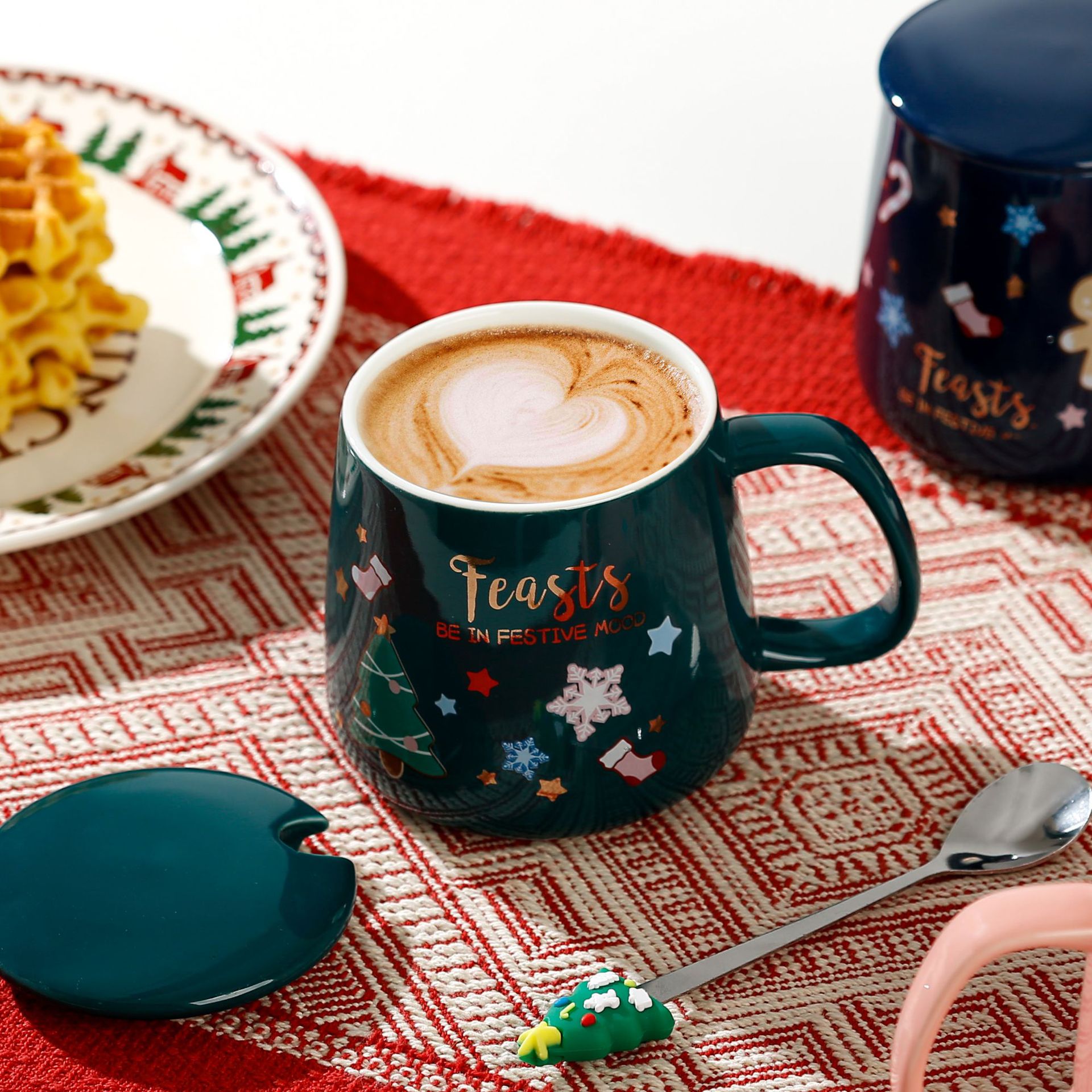 Juego de Tazas de Cerámica con Tapa y Cuchara, Taza para Agua, Regalo de Navidad, Recuerdo, Edición Limitada de Navidad