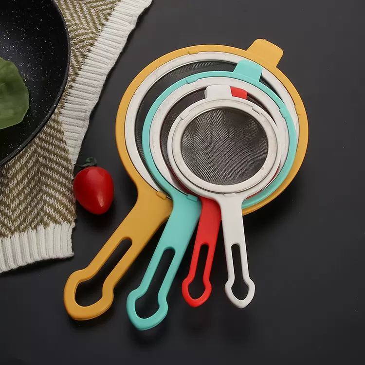 304#不锈钢彩色塑柄过滤网漏家用果汁大漏勺 烹饪油炸尖耳隔油勺