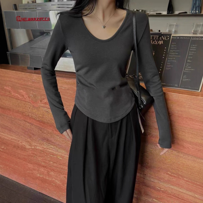白色小众褶皱修身长袖T恤打底衫女早秋新款内搭小个子U领套头上衣|undefined