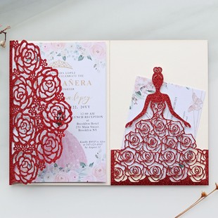 Wedding Baptism Glitter Red Rose Girl Invitation Holiday Blessing Greeting Card Laser Cut Out Invitation Wholesale