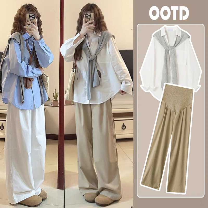 2026 Spring New Maternity Spring and Autumn Outfit Set: Shirt Top and Wide-Leg Pants Two-Piece Set for Spring 2026 Spring New Maternity Spring and Autumn Outfit Set: Shirt Top and Wide-Leg Pants Two-Piece Set for Spring