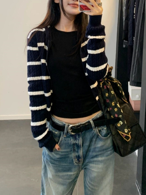 藏青色条纹连帽麻花针织开衫外套女韩系氛围感早秋季穿搭毛衣上衣|undefined