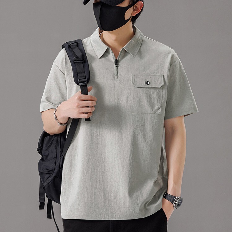 Summer Men's Large Size Polo Collar Short-Sleeve T-Shirt for Plus-Size Men, Japanese Style, Oversized, Half-Zip Pullover, Casual