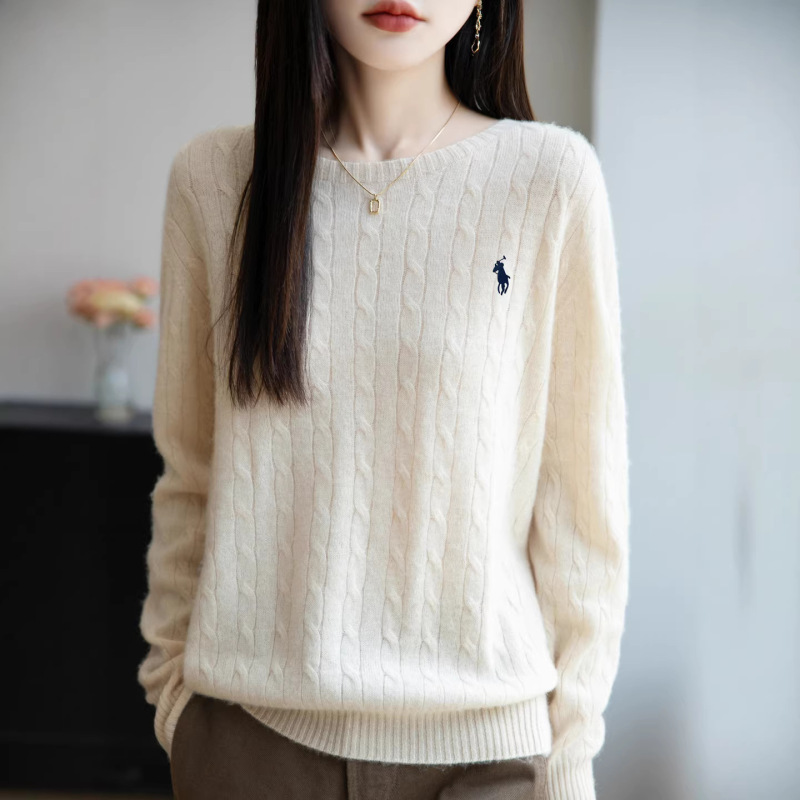 25-Year Autumn and Winter New Style Round-Neck Cable-Knit Embroidered Wool Long-Sleeve Top Base Shirt