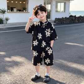 男童夏季花衬衫套装2026款儿童宝宝度假风薄款冰丝短袖短裤两件套