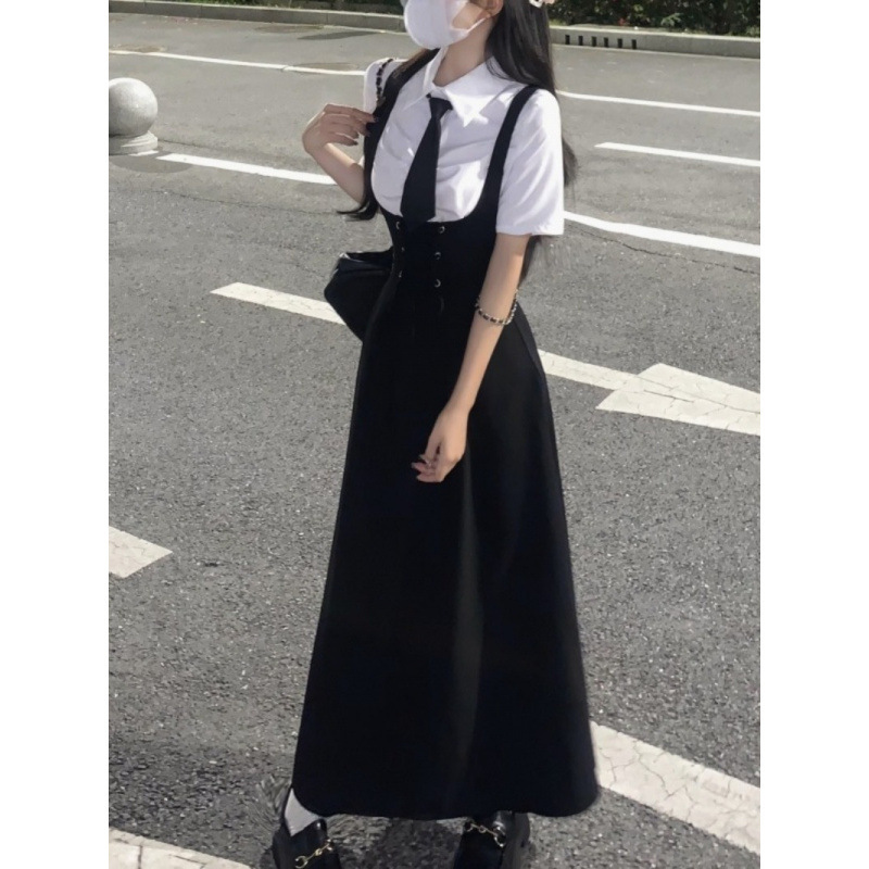 束腰绑带收腰显瘦背带裙套装大码女装高级感衬衫胖mm背带裙两件套|undefined