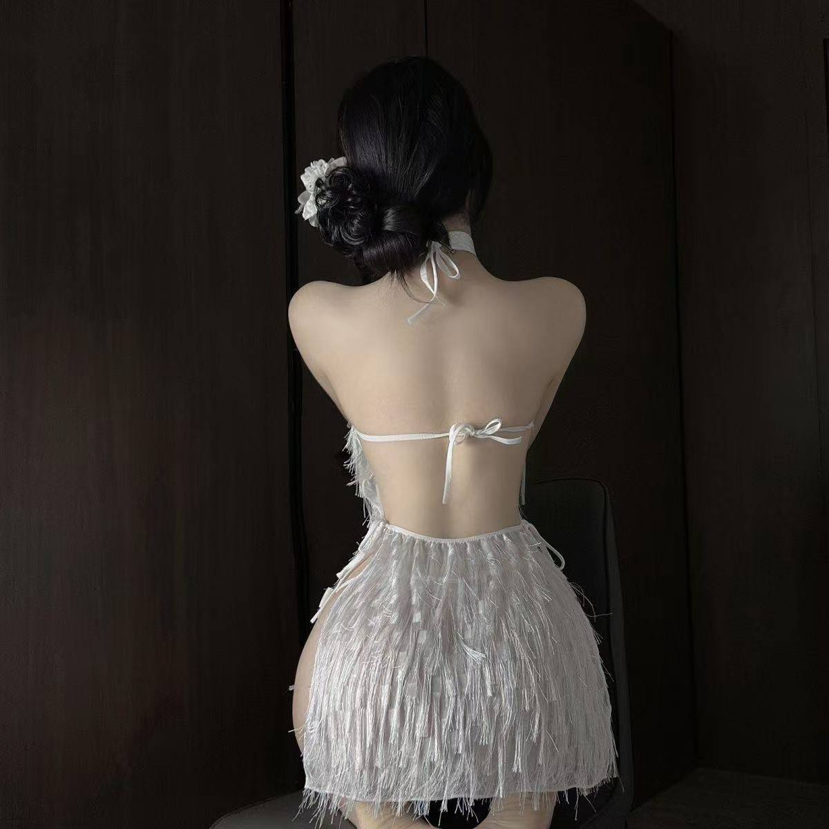 Glittering Gradient Crystal Tassel Lingerie Dress Set with White Bodystocking — detail image 4