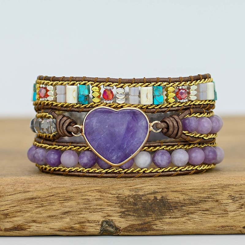 Foreign trade e-commerce new love amethyst healing bracelet natural stone head beads crystal beads cowhide woven bracelet