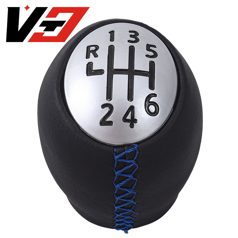 Gear Lever Handle: Renault Cab and accessories - hand-stitched-matte-cover-leather-blue-line-6-speed