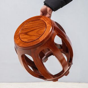Antique Chinese-Style Drum Stool for Home Dining Table, Living Room Solid Wood Round Stool, Rosewood Tea Table Low Stool, Guzheng X&