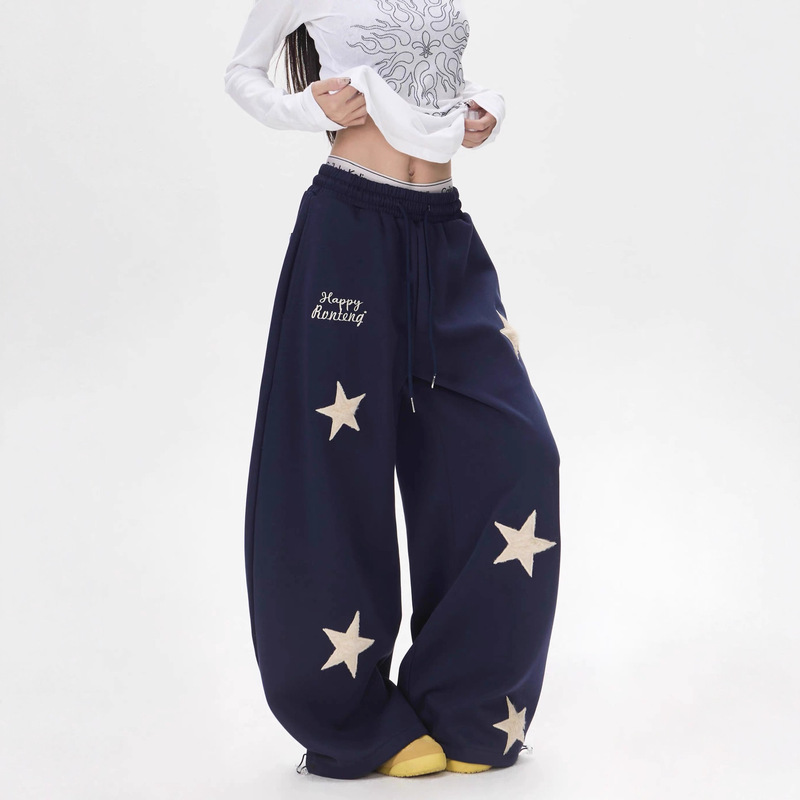 Vintage Star Embroidery Patch Sports Street Dance Sweatpants for Women, Loose Lazy Style, Slimming Wide-Leg Jazz Dance Scimitar Pants