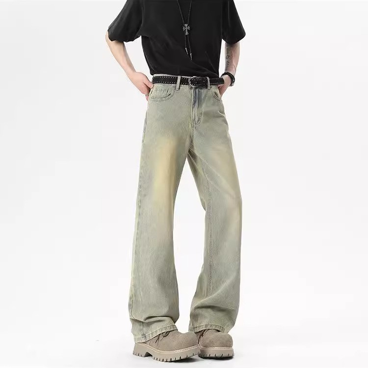 Men's Flared Jeans Spring and Autumn New Trendy High Street Yellow Mud Color Versatile Pants Retro Casual Straight Long Pants