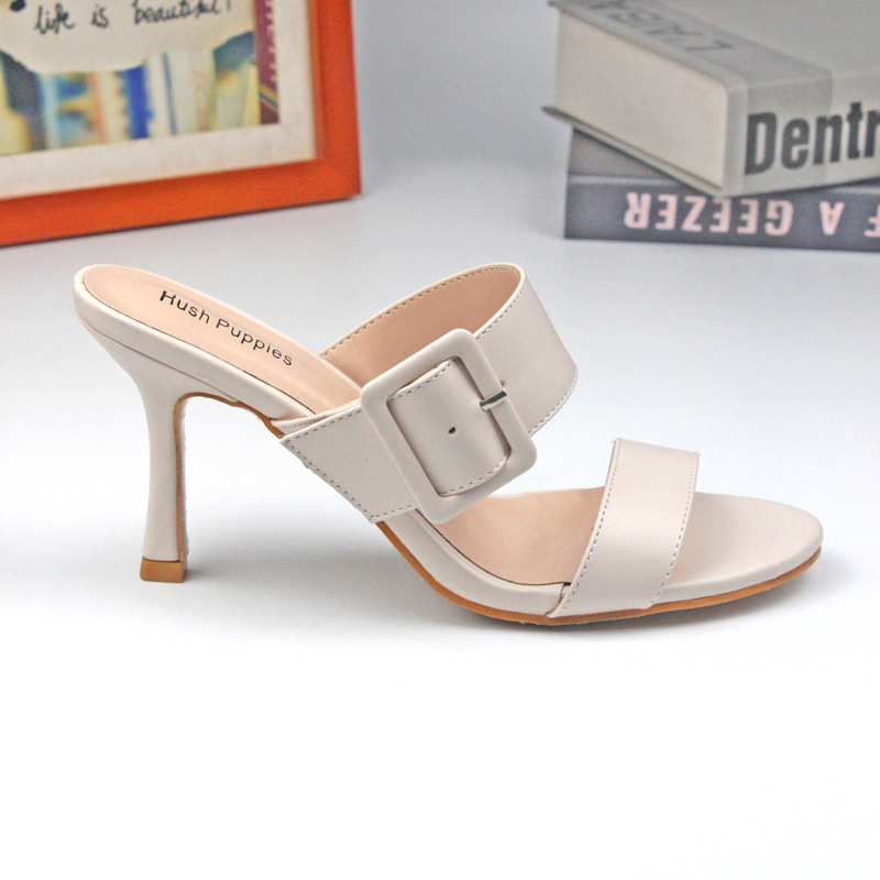 潮州鞋厂Ladiessandal新品欧美时尚高跟女鞋带方形饰扣女拖鞋凉鞋
