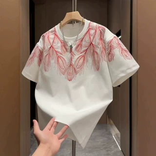 重工羽毛刺绣潮牌短袖男2026春夏新款休闲宽松美式圆领设计感T恤