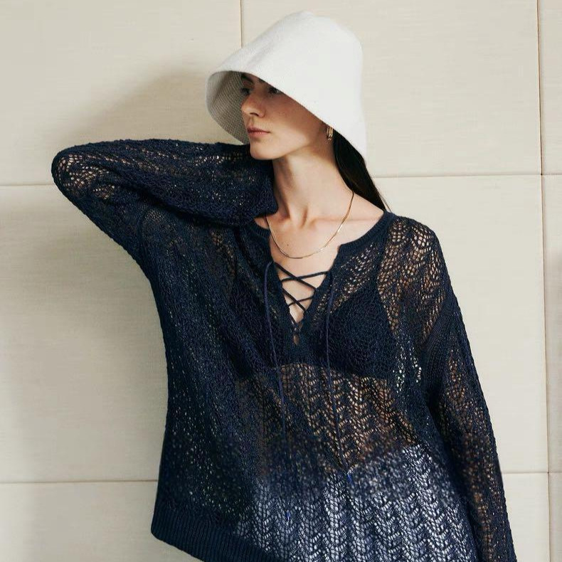 French-Style Lazy Chic V-Neck Loose Knit Cardigan for Women with Shimmering Mermaid Hollow-Out Design in Mulberry Silk and Washi Yarn