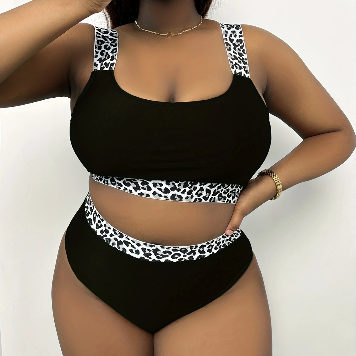 New European American Style Plus-Size Tank Top Bikini With Solid Color And Leopard Print, High-Waisted, Popular On_ecoleips.com