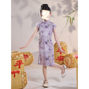 Фиолетовый Cheongsam для девочек, новое улучшенное платье в китайском стиле в стиле ретро в национальном стиле, повседневный древний костюм для маленькой девочки, костюм для выступлений Hanfu