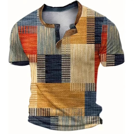 European and American Export Cross-Border Half Cardigan Casual Short-Sleeved Digital Printing Slim Pullover Henry T-Shirt Top Men's Clothing