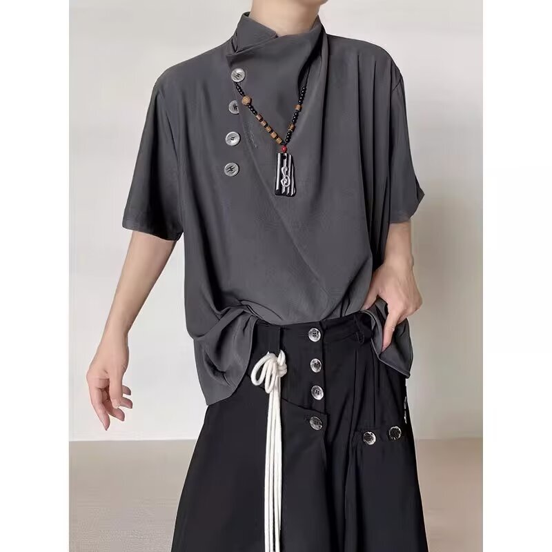 Summer New Chinese-style Half-high Collar Shirt Men's Trendy Brand Men's Irregular Inner Casual Shirt