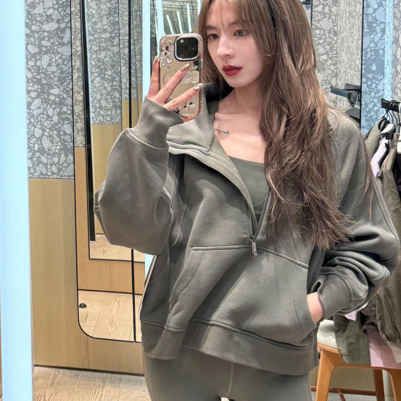 Lu Iu Stand-Up Collar Sweatshirt for Women, Half-Zip Pullover, Long-Sleeved, Fleece-Lined, Thickened, Winter Sports and Outdoor Wear