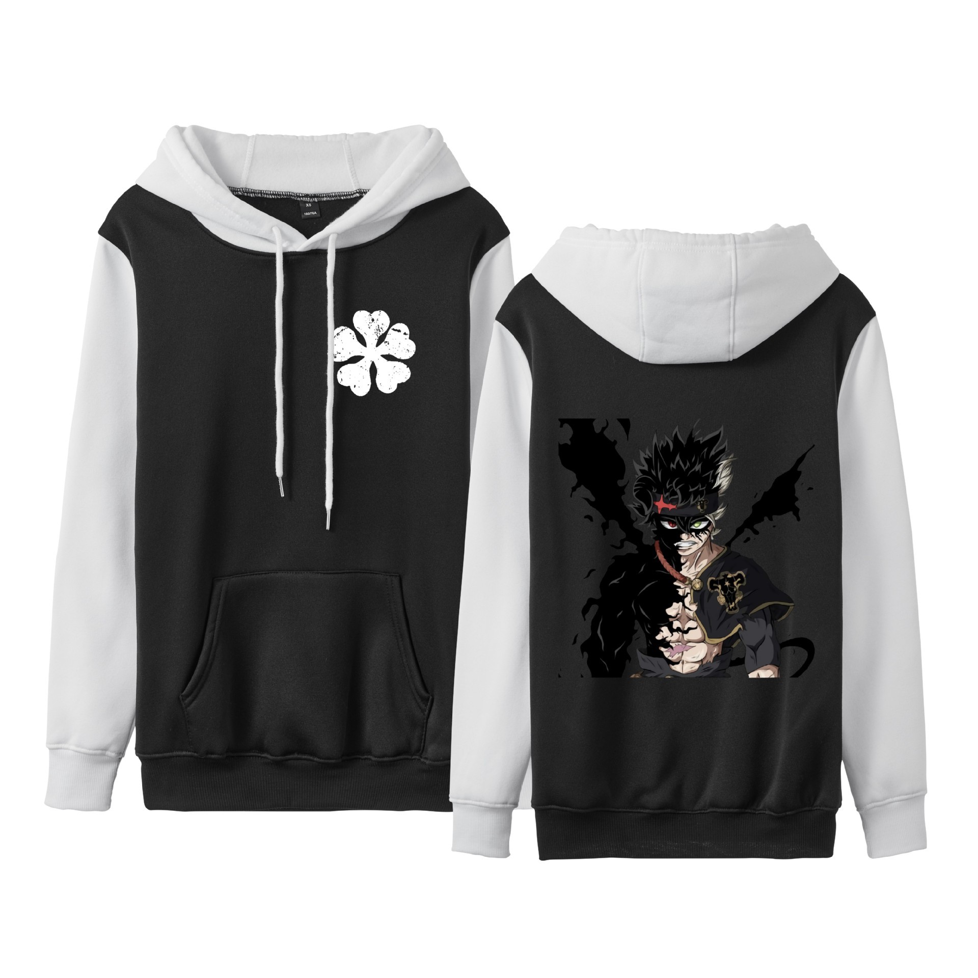 Trébol de cuatro hojas negro Black Clover suéter de pareja de talla grande para hombres y mujeres sudadera con capucha de contraste con capucha