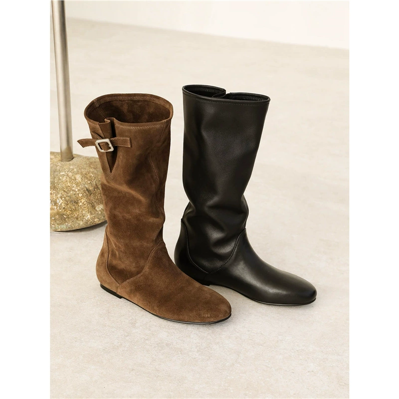 2025 новая модель доступна для предварительного заказа, оптовая продажа, повседневные плиссированные ботинки на ворсах для женщин, мягкие ботинки до середины икры с увеличенной высотой, коровья кожа