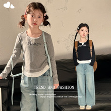 女童秋季套装2025新款假两件长袖T恤直筒牛仔裤两件套中大童韩系