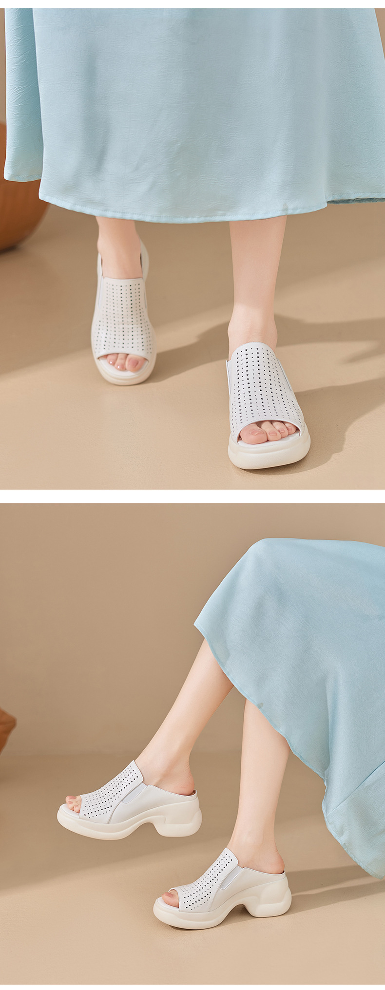 Dép sandal nữ da bò đục lỗ đế xuồng cao gót 9 cm — màu trắng ngà chi tiết 6
