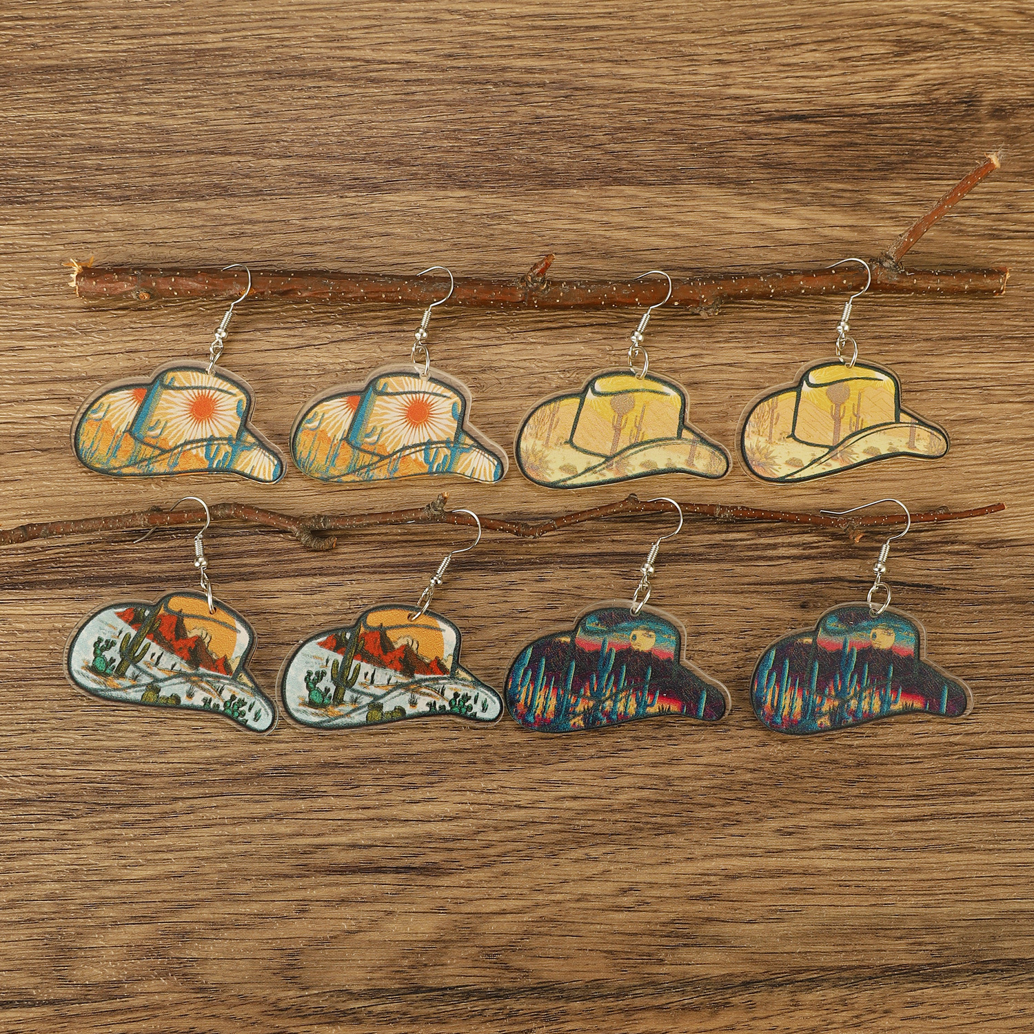 Cappello da cowboy in stile sportivo pastorale occidentale, dipinto di paesaggio di cactus, orecchini in legno acrilico da donna_voghion.com