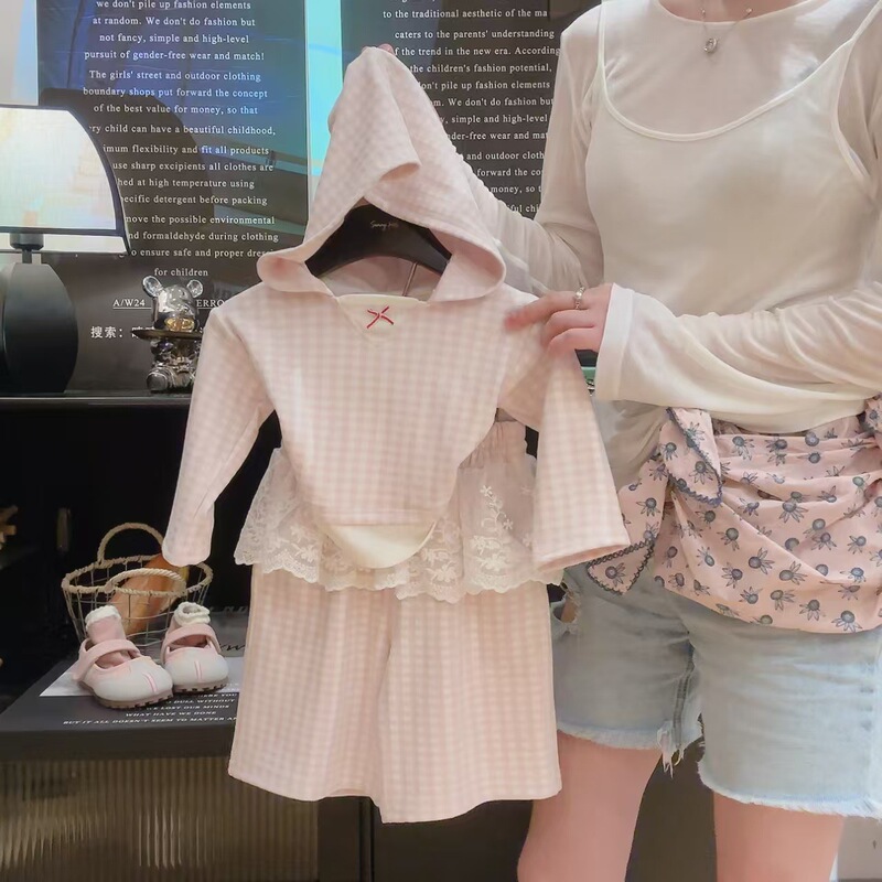 2025新款连帽格子套装 蕾丝花边屁帘阔腿裤女童套装宝宝格子可爱|undefined