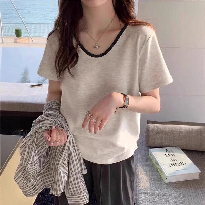 Plus-Size Women's Color-Blocked Inner Wear 2026 Summer Pure Cotton V-Neck Loose Short-Sleeve T-Shirt American Retro Versatile Top