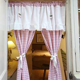 粉色格子美式乡村卧室窗帘门帘半帘免打孔穿杆可做粘贴式