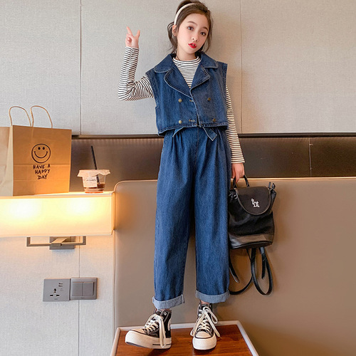 Ladycloset Spring Outfit 2024 New Children's Stylish Korean Version Girls' Junior Spring Denim Vest Pants Set of Three