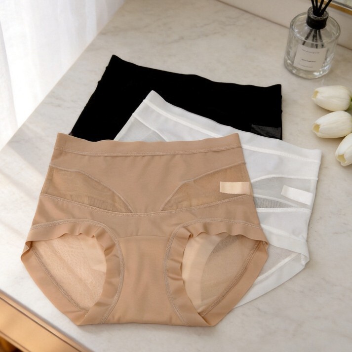Mesh Silk Long-Crotch High-Waist Women's Panties, Antibacterial, Seamless, Butt-Lifting, Skin-Friendly, Tummy Control, Triangle Briefs