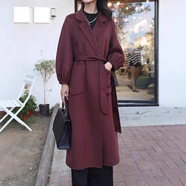 宽松大码小众时尚系带睡袍款灯笼袖长款新款女士秋冬双面羊毛大衣