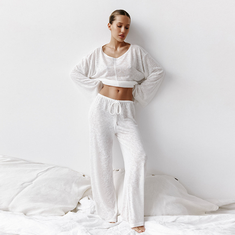 2026 Spring/Summer New White Round Neck Long Sleeve Long Pants Women's Homewear Simple Casual Breathable Women's Homewear