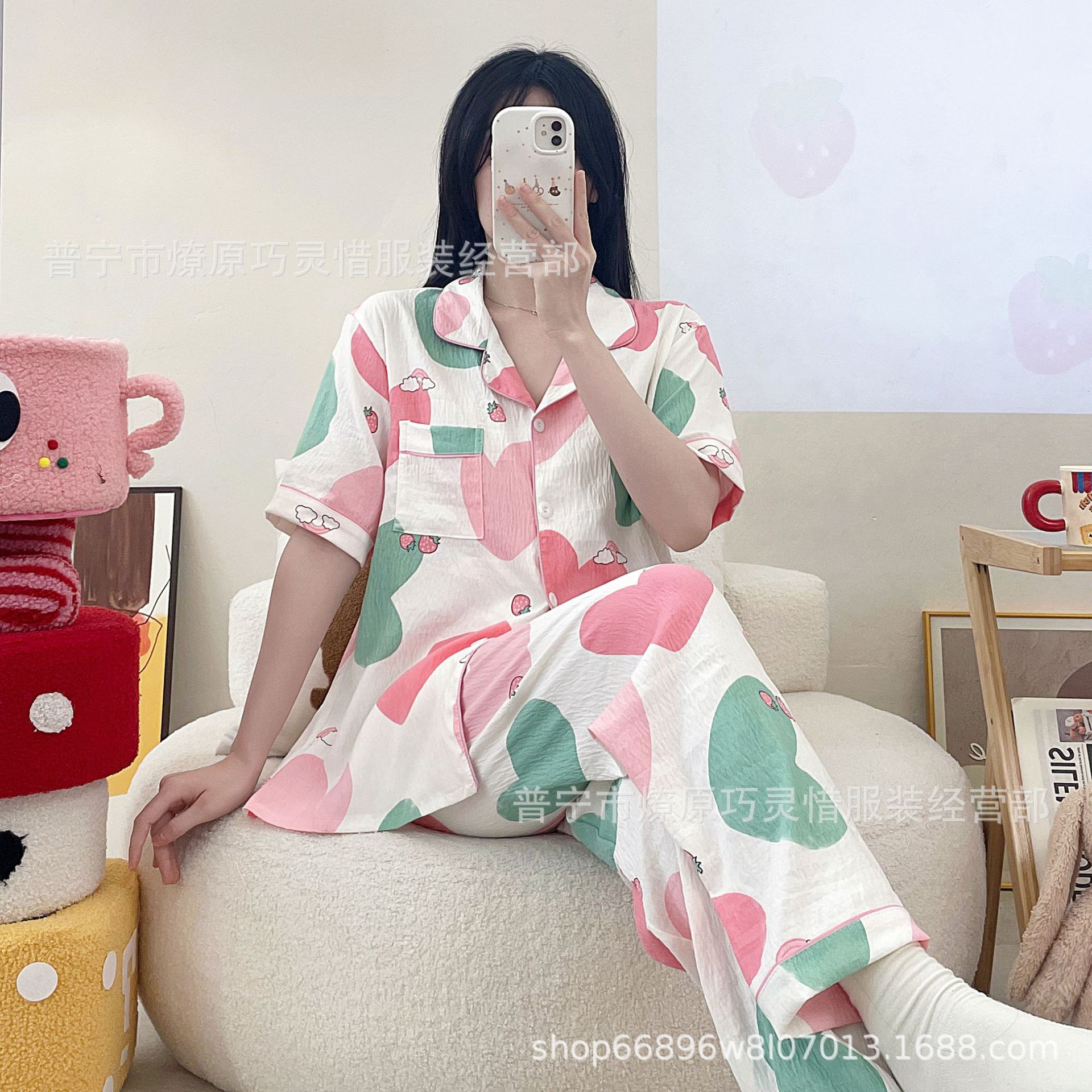 睡衣女夏2025年新款云朵棉短袖长裤少女翻领夏季加大码家居服套装