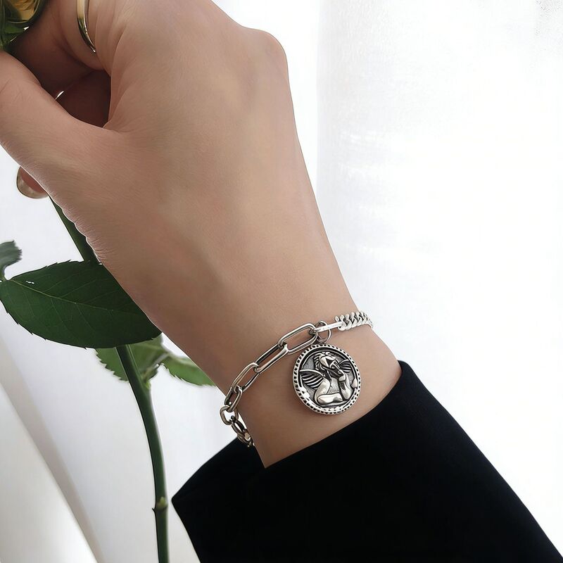 S925 Sterling Silver Vintage Angel Coin Bracelet for Women, Niche Design, High-End, Light Luxury, Stylish, Versatile Hand Accessory
