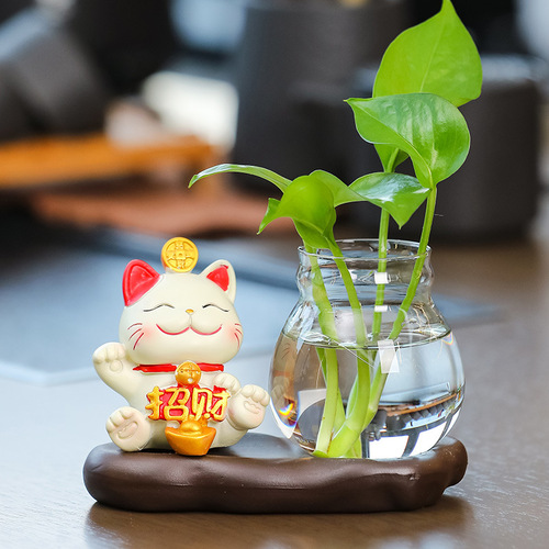 Creative living room decorations lucky cat glass flower ware home accessories office desk pothos vase ceramic hydroponic ware