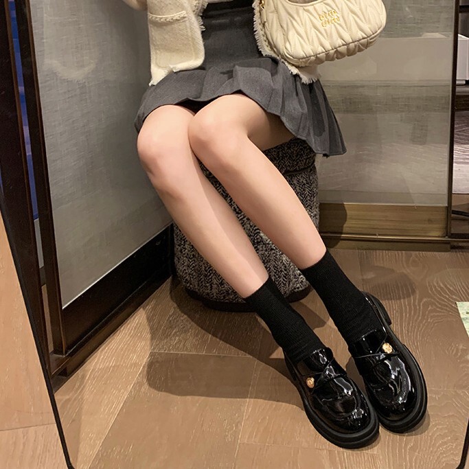 羊皮版~超软真皮厚底乐福鞋女小金扣粗跟单鞋黑色英伦懒人小皮鞋|undefined
