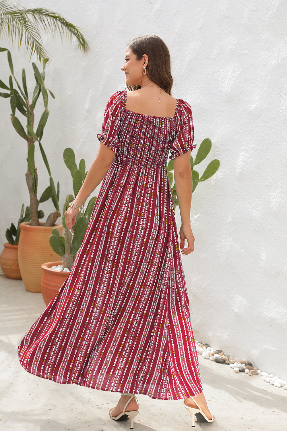 Spring Summer Vertical Stripes Floral Print Slit Waist Dress - Ootddress