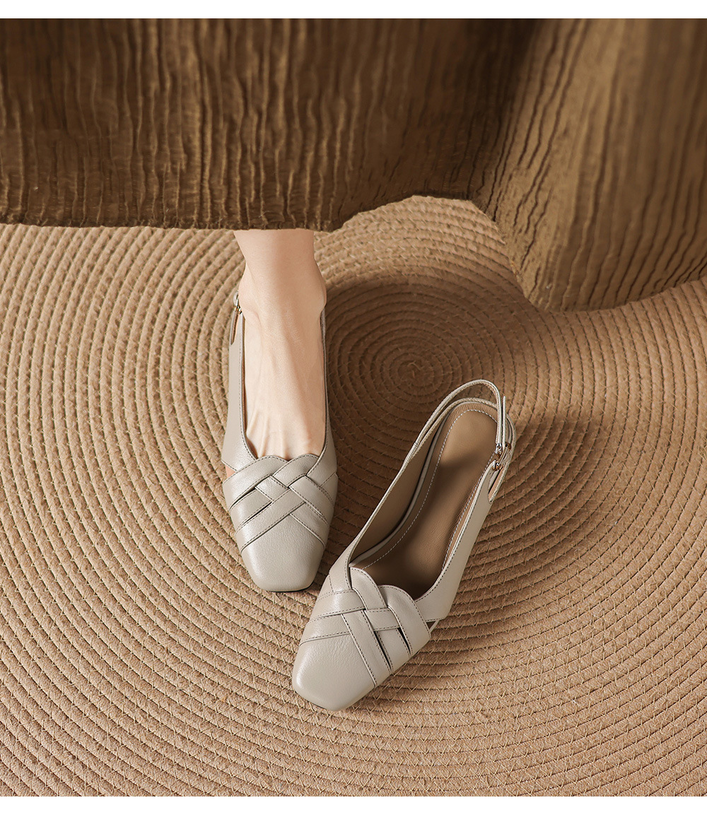 Sandal nữ da cừu mũi nhọn quai ngang gót vuông 6 cm — đen chi tiết 7