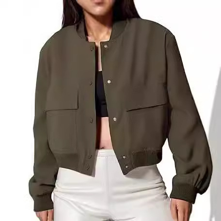 2024 Spring Autumn Women's Bomber Jacket Button-down Varsity Pocket Short Coat