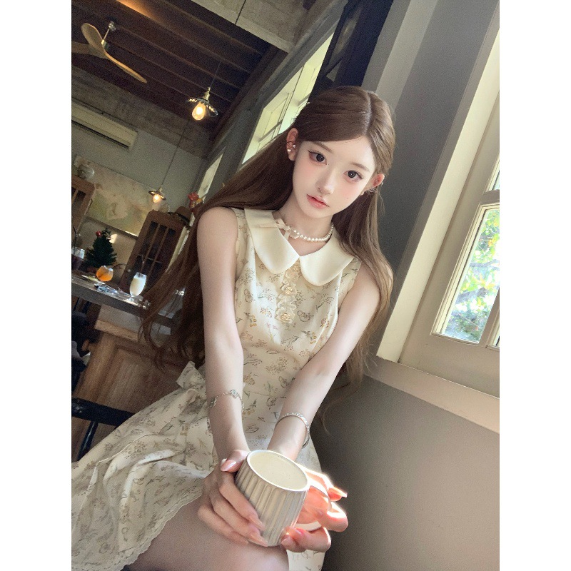 Q女家 馥郁少女/千金感日常碎花连衣裙法式漂亮无袖裙子女夏