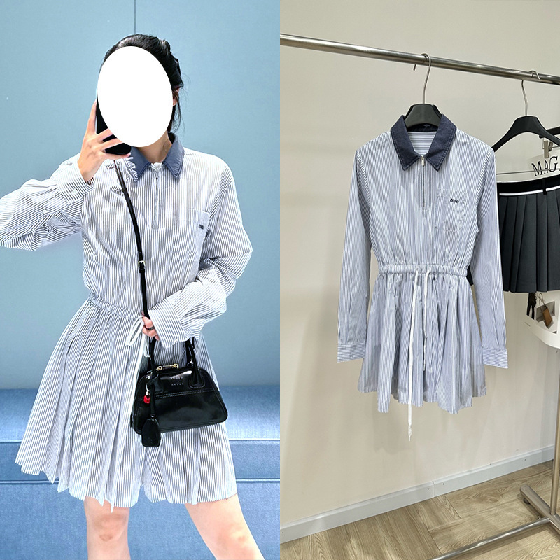 2026 early autumn Shenzhen Nanyou blue and white striped denim collar waist-cinching shirt dress, slim-fit preppy style dress for women